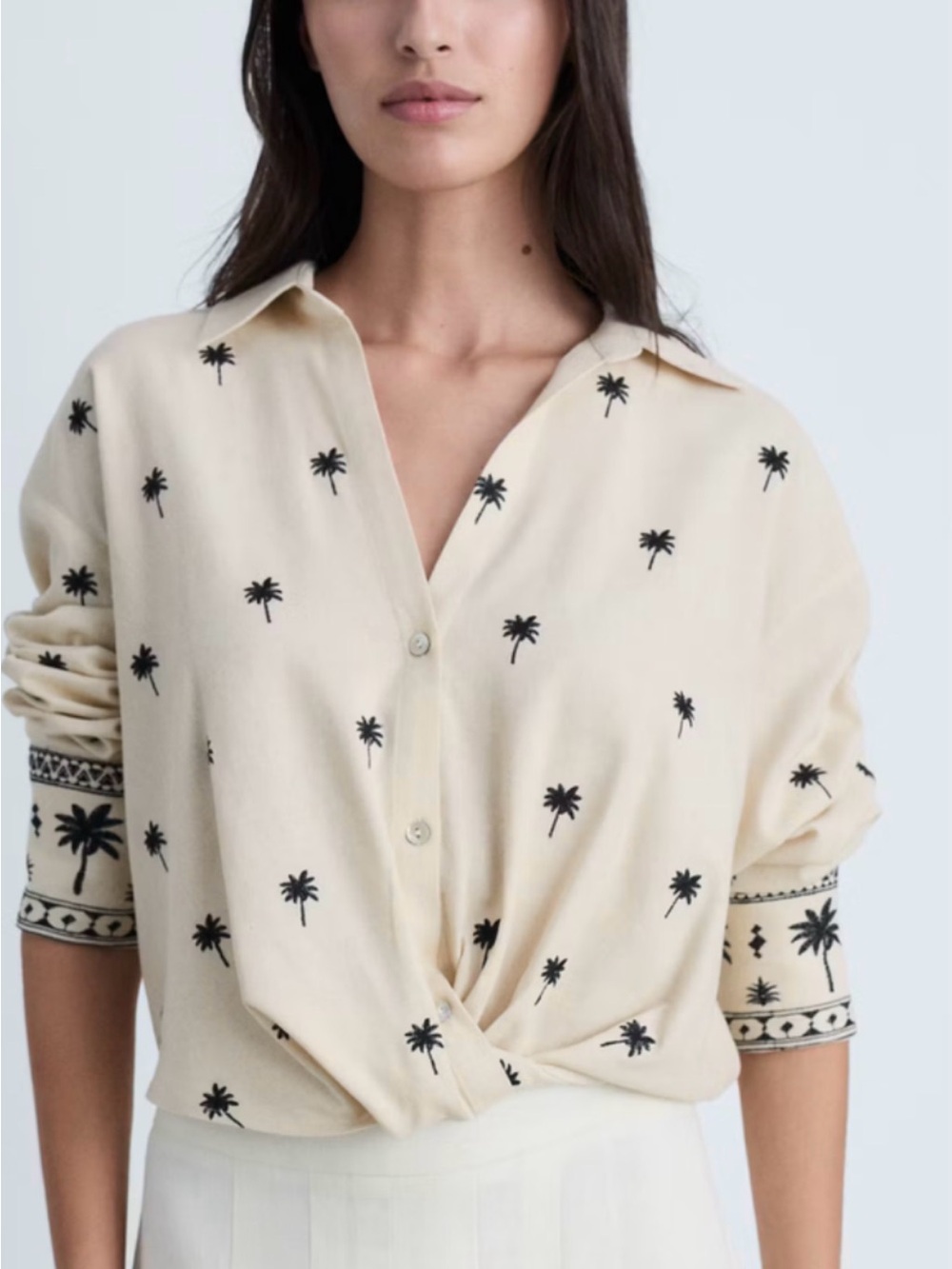 MNG MANGO NWT Beige Palm-Print Button Front Top - Picture 3 of 5
